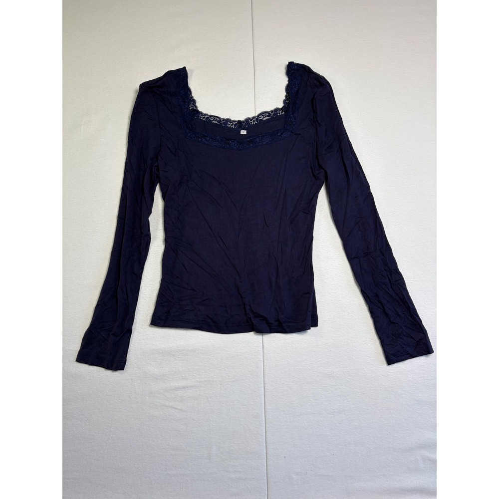 Navy Blue Lace Trim Ribbed Long Sleeve Square Neck Top Women Size L